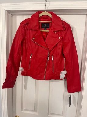 London Fog Red Faux Leather Moto Jacket